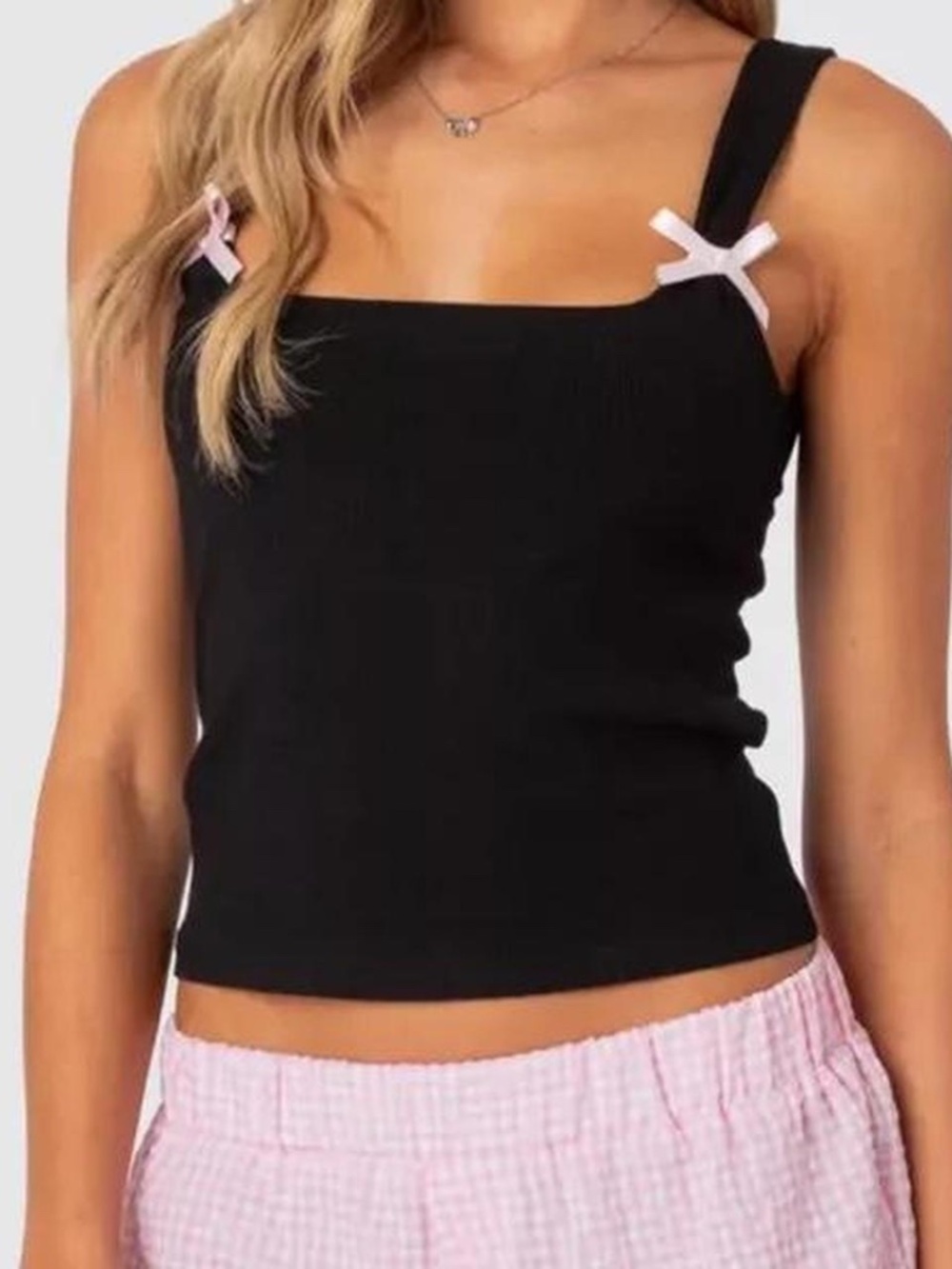 Edikted Black Ribbed Shelf Bra Tank with Pink Ribbons xsmall